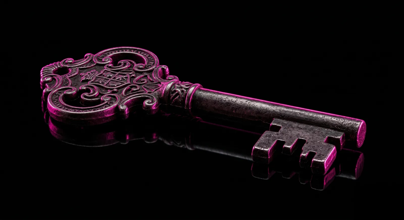 A single ornate key with pink rim lighting on a dark reflective surface, symbolizing singular ownership and control over encryption keys and client data access