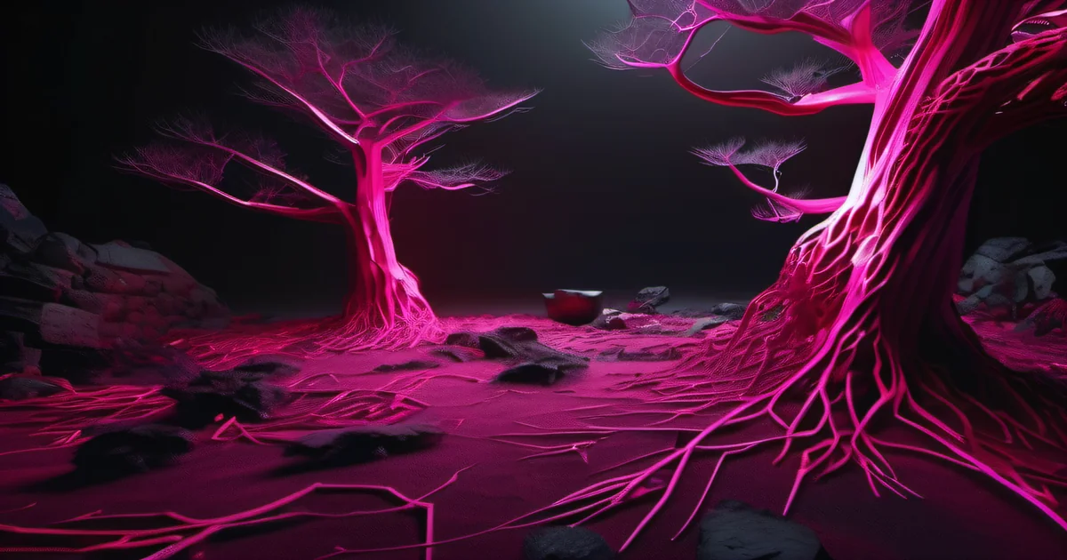 Glowing pink trees with tangled root systems spreading across dark ground — Amelia S. Gagne, Kief Studio