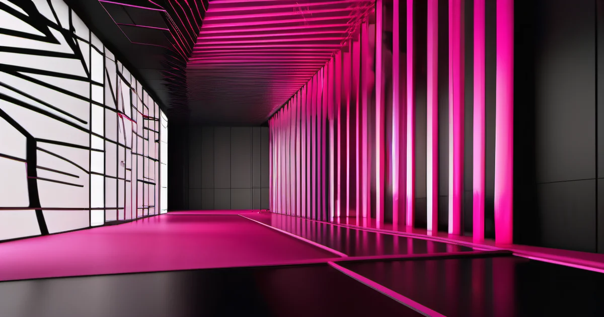 Hot pink corridor with branching black lines on a glowing wall, evoking parasitic SEO — Amelia S. Gagne, Kief Studio
