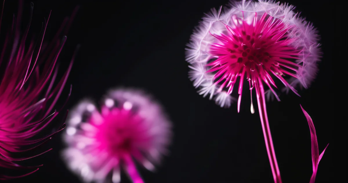Dandelion seeds with bioluminescent hot pink tips dispersing in dark air — spreading security awareness by Amelia S. Gagne