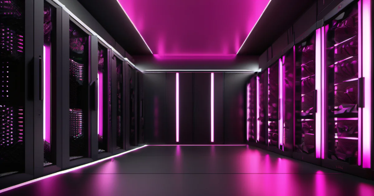 Server rack with hot pink LED status lights in dark data center — cybersecurity infrastructure by Amelia S. Gagne