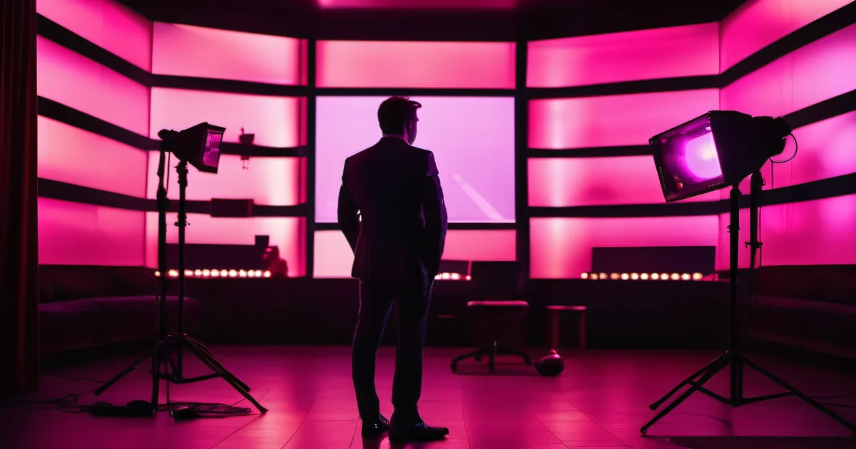 Business person silhouette at ultrawide monitor setup in dark studio with hot pink magenta screen glow — value-based pricing as strategic decision requiring visibility into client outcomes, not just hours delivered
