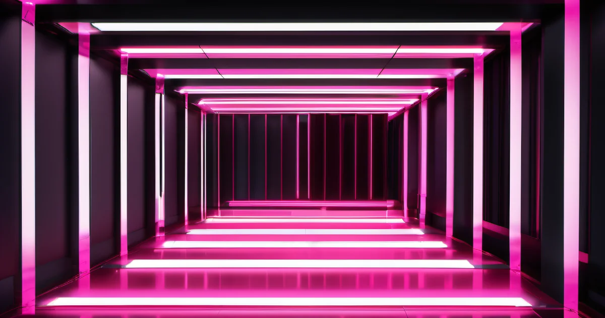 Pink neon light bars framing a dark room in receding layers — Amelia S. Gagne, Kief Studio