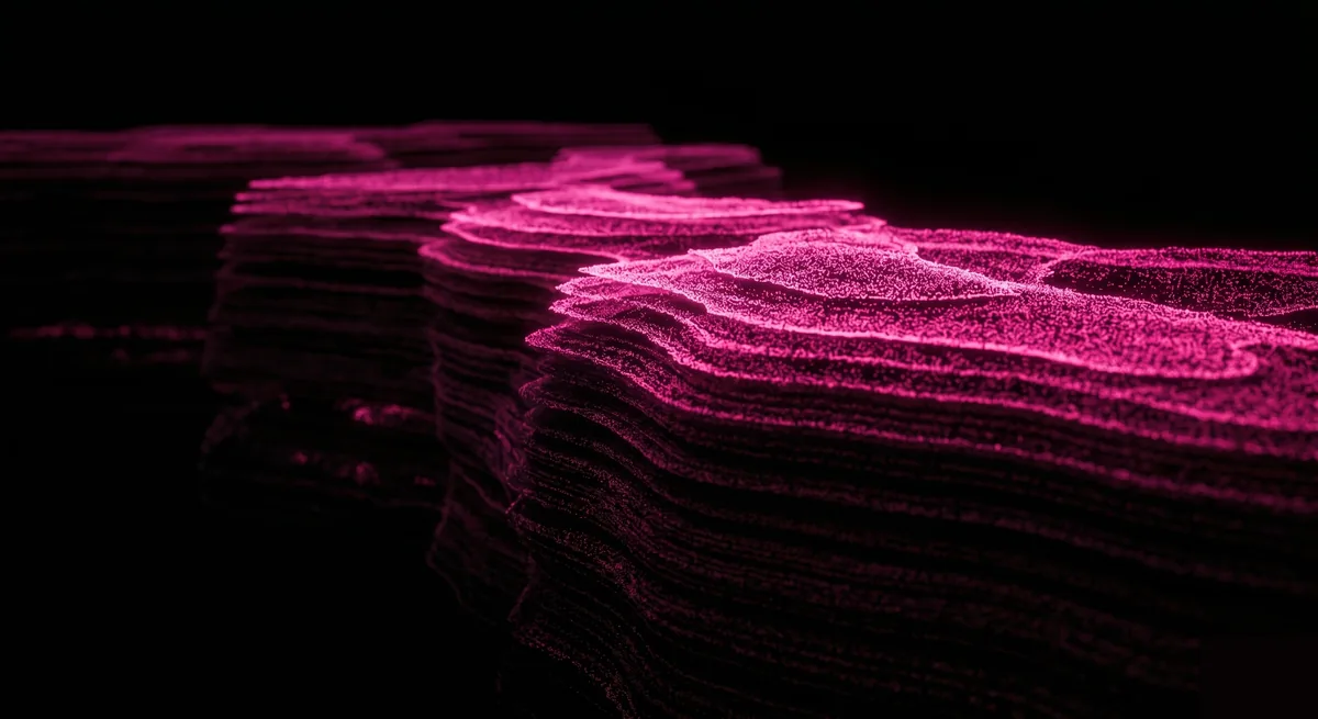 Glowing hot-pink data points accumulating into deep sedimentary layers fading into black, illustrating dark data piling up unused over time