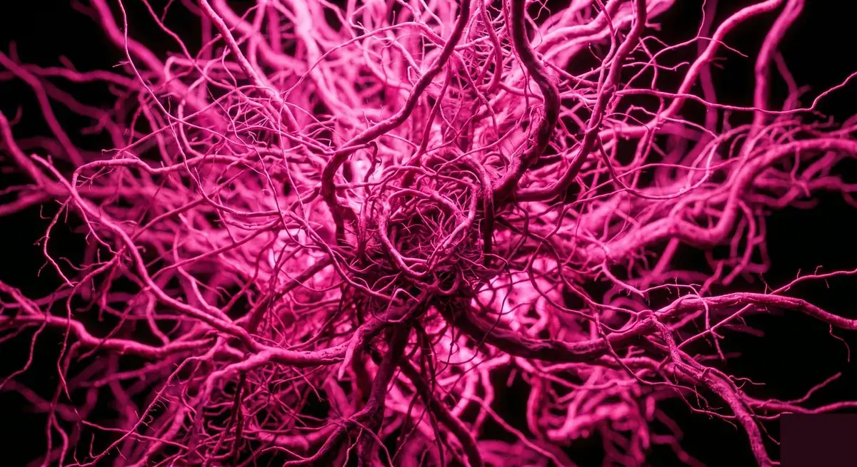 A dense, tangled hot-pink root network on a black background, representing data that accumulates without pruning until no path through it is traceable