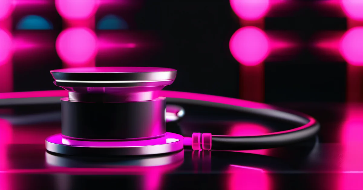 Metallic stethoscope with pink glow on a reflective black surface — Amelia S. Gagne, Kief Studio