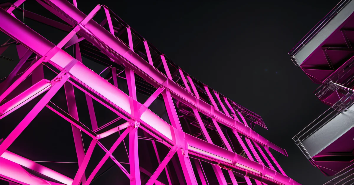 Scaffolding under construction at night with hot pink lights — growth-phase organizations need tools that scale without architectural changes