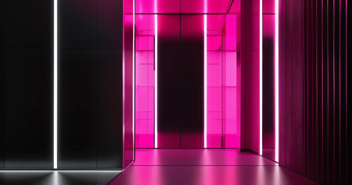 Dark corridor with pink illuminated glass panels and a closed doorway ahead — Amelia S. Gagne, Kief Studio