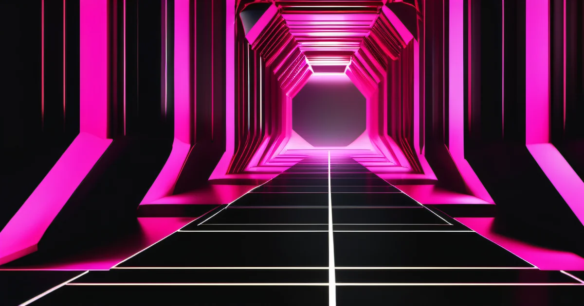 Neon pink corridor with grid floor receding toward a bright vanishing point — Amelia S. Gagne, Kief Studio