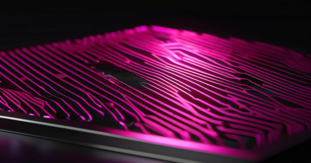 Shield with circuit board pattern and hot pink backlight — security culture by Amelia S. Gagne
