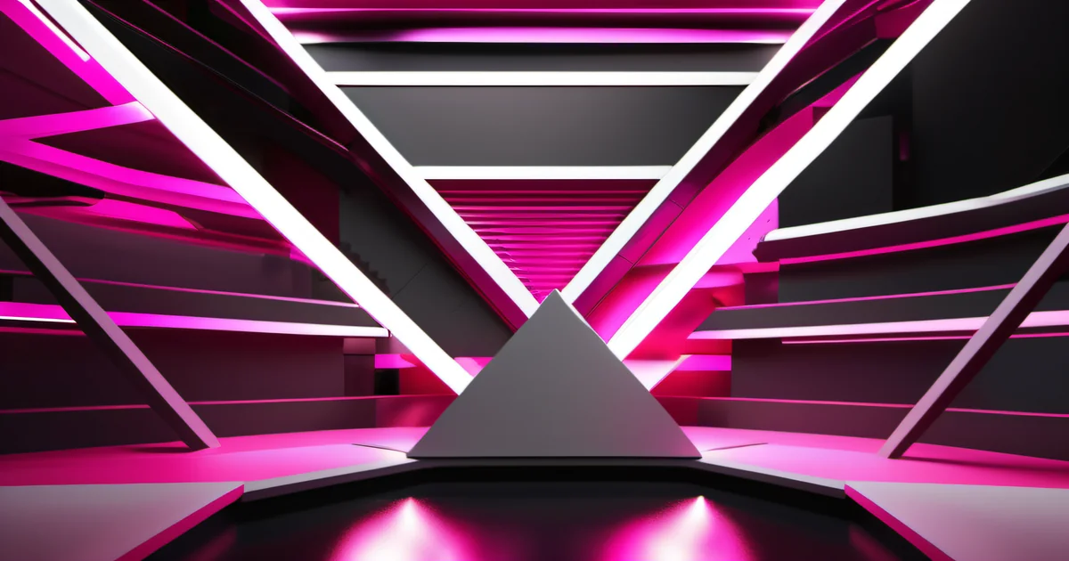 Dark pyramid anchored beneath layered pink neon beams, representing security architecture — Amelia S. Gagne, Kief Studio