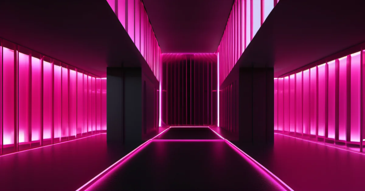Symmetrical server corridor lined with glowing pink panels — Amelia S. Gagne, Kief Studio