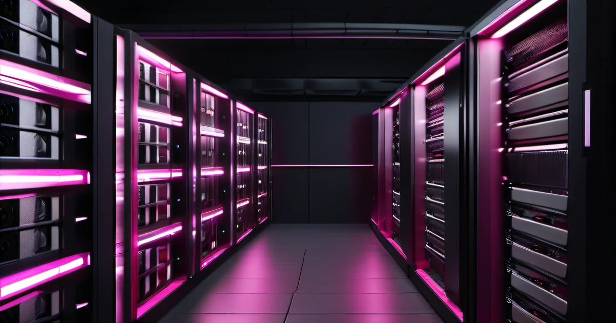 Ultra high resolution self-hosted server rack with hot pink magenta LED accent in dark data center environment — self-hosted infrastructure as full-stack control over compute, storage, and network