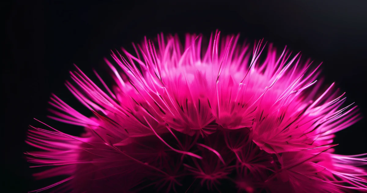 Single dandelion seed floating in complete darkness with hot pink magenta bioluminescent glow — deep specialization as concentrated generative potential at a single defined point