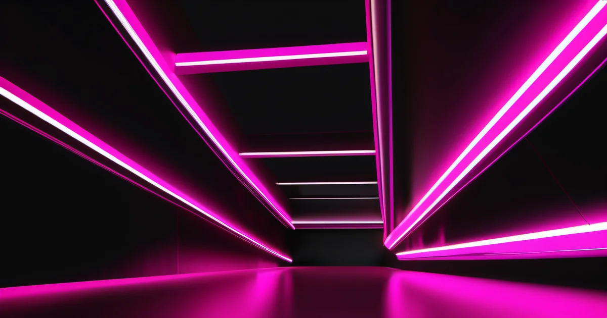 Converging hot pink neon beams meeting at a shared vanishing point in a dark corridor — Amelia S. Gagne, Kief Studio
