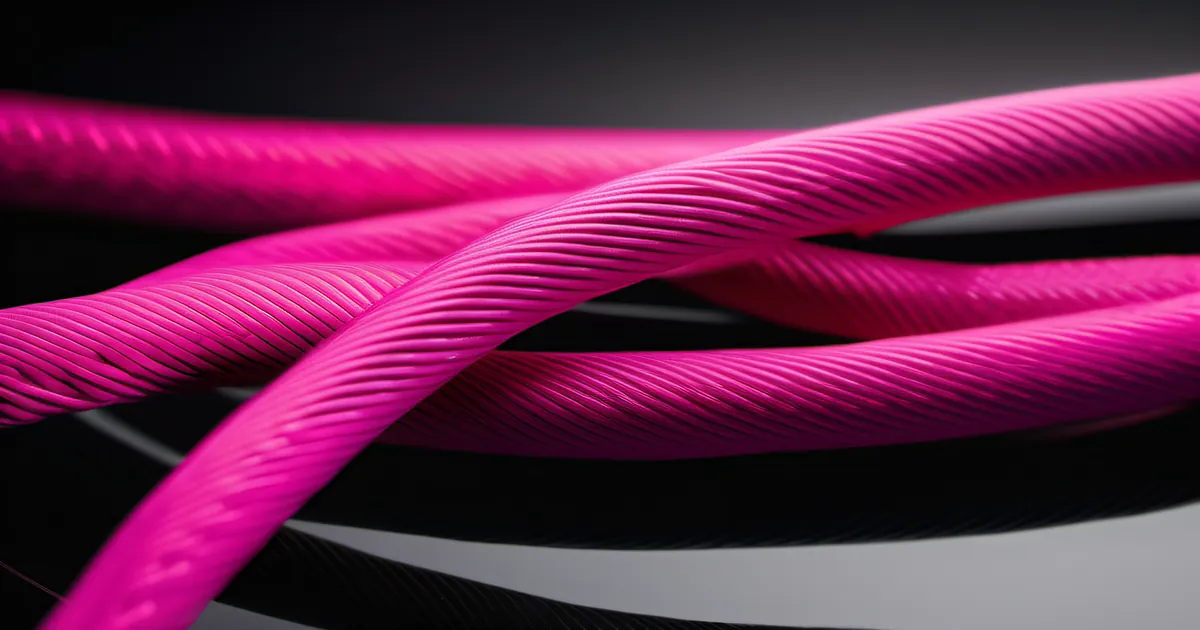 Tangled cable mess next to single clean organized cable with hot pink tie — the contrast between undisciplined AI feature suggestions creating scope creep and focused product development against a defined roadmap