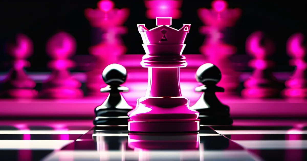 Chess piece in sharp focus with others blurred behind on dark board with hot pink rim light — strategic positioning requires staying on your own game rather than reacting to every competitor move