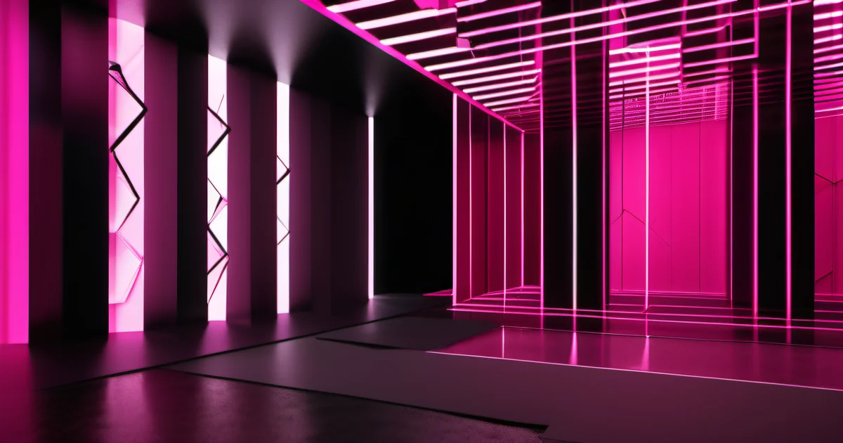 Pink-lit corridor with geometric panels and layered grid ceiling for structured data — Amelia S. Gagne, Kief Studio