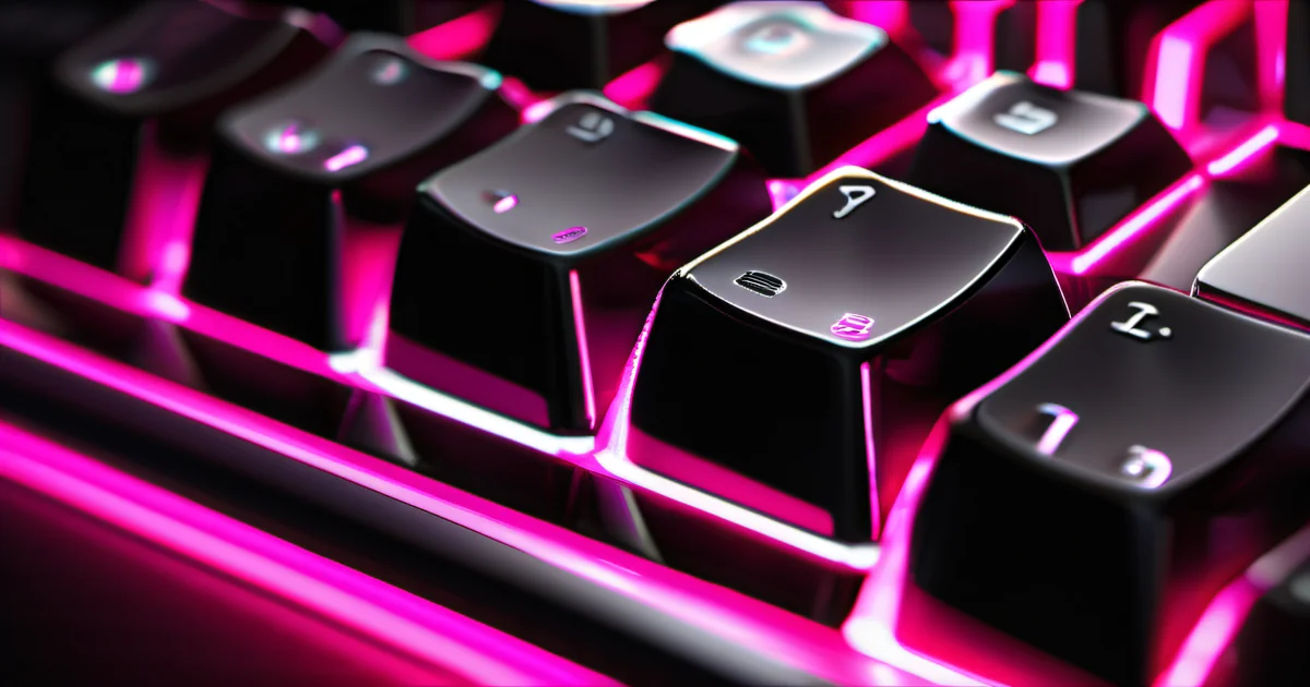 Macro photography of mechanical keyboard with hot pink LED backlight — the technical precision of structured data implementation