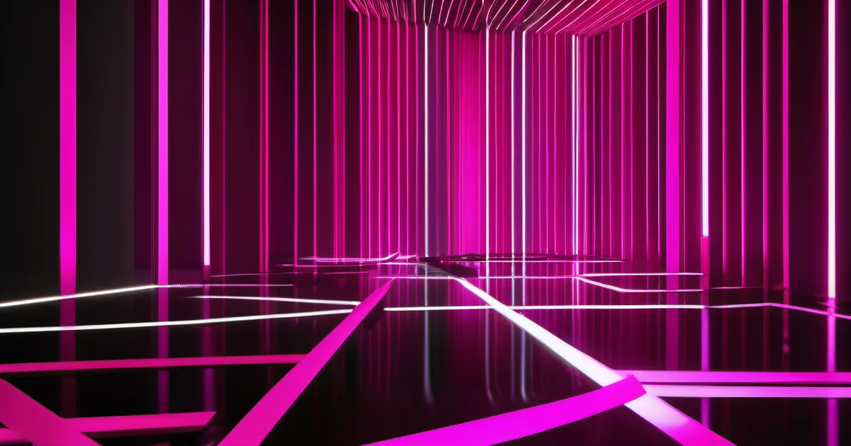 Vertical pink neon bars in a dark server room with glowing floor grid — Amelia S. Gagne, Kief Studio