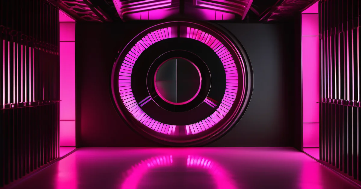 Large pink-lit circular gauge in a dark industrial chamber representing the skills gap — Amelia S. Gagne, Kief Studio