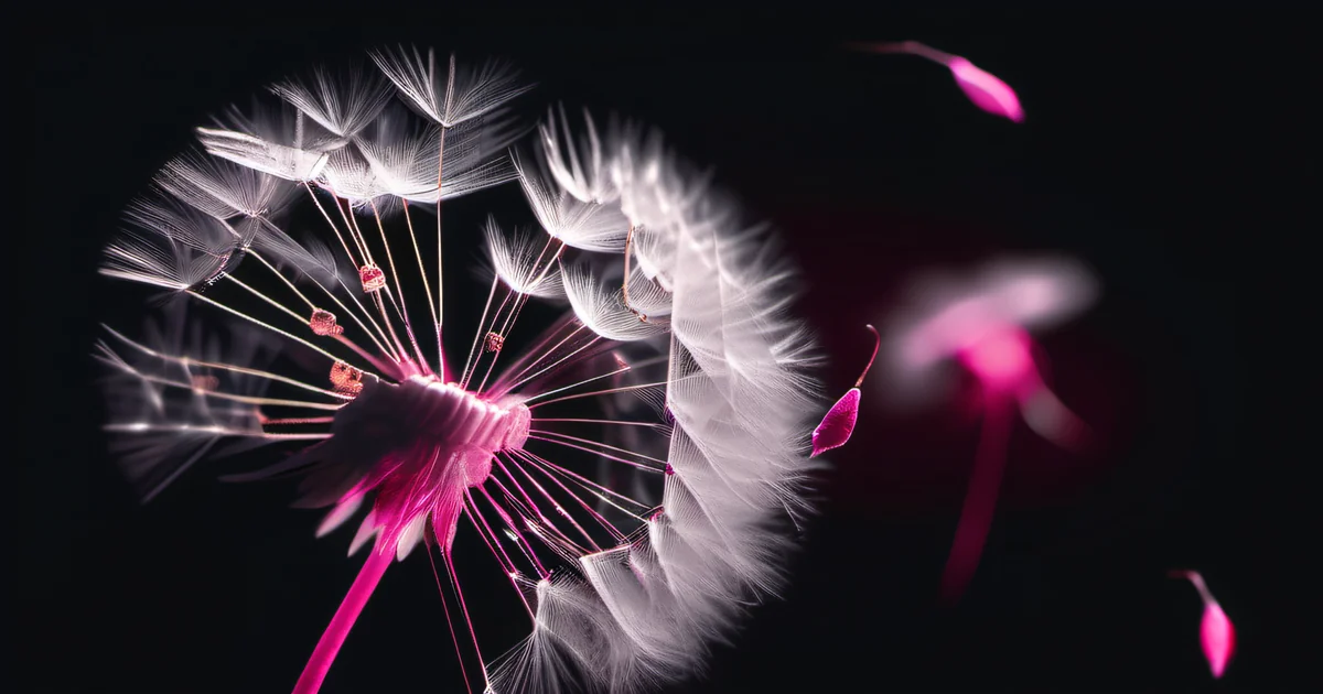 Dandelion seeds dispersing in dark void with one seed glowing hot pink — finding the right answer through thorough discovery rather than pattern matching