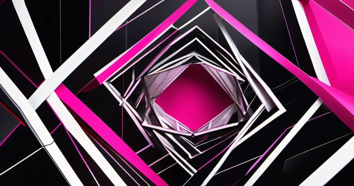 Spiraling pink and white geometric frames converging to a center point against black — Amelia S. Gagne, Kief Studio