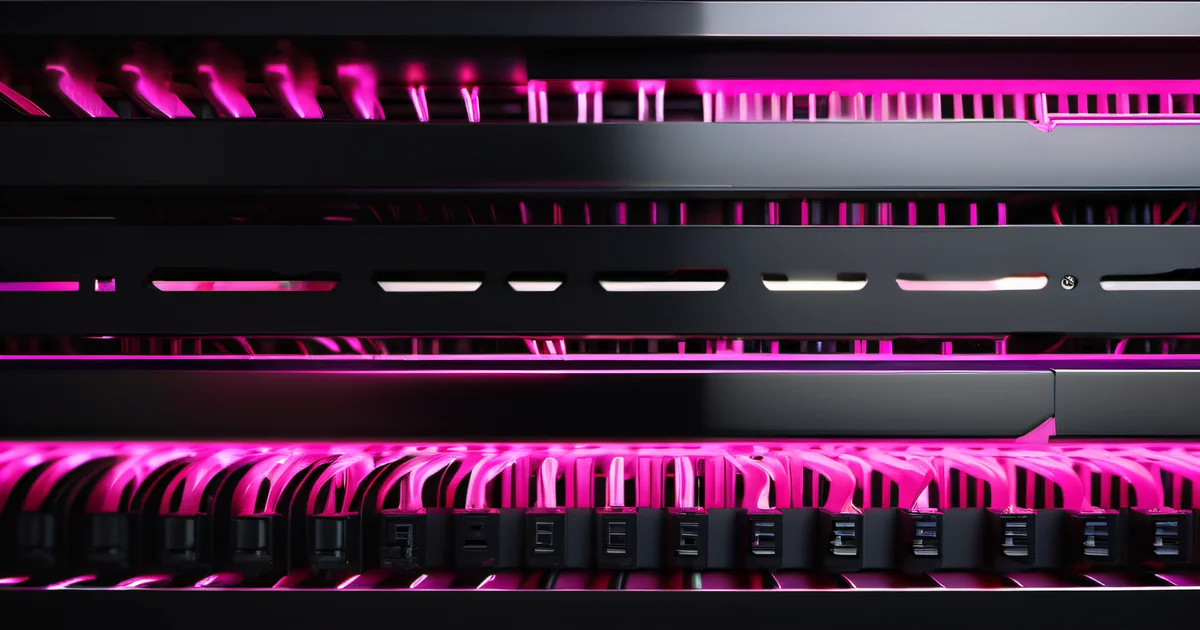 Network patch panel with rows of pink cables in a dark rack, illustrating tech stack depth — Amelia S. Gagne, Kief Studio