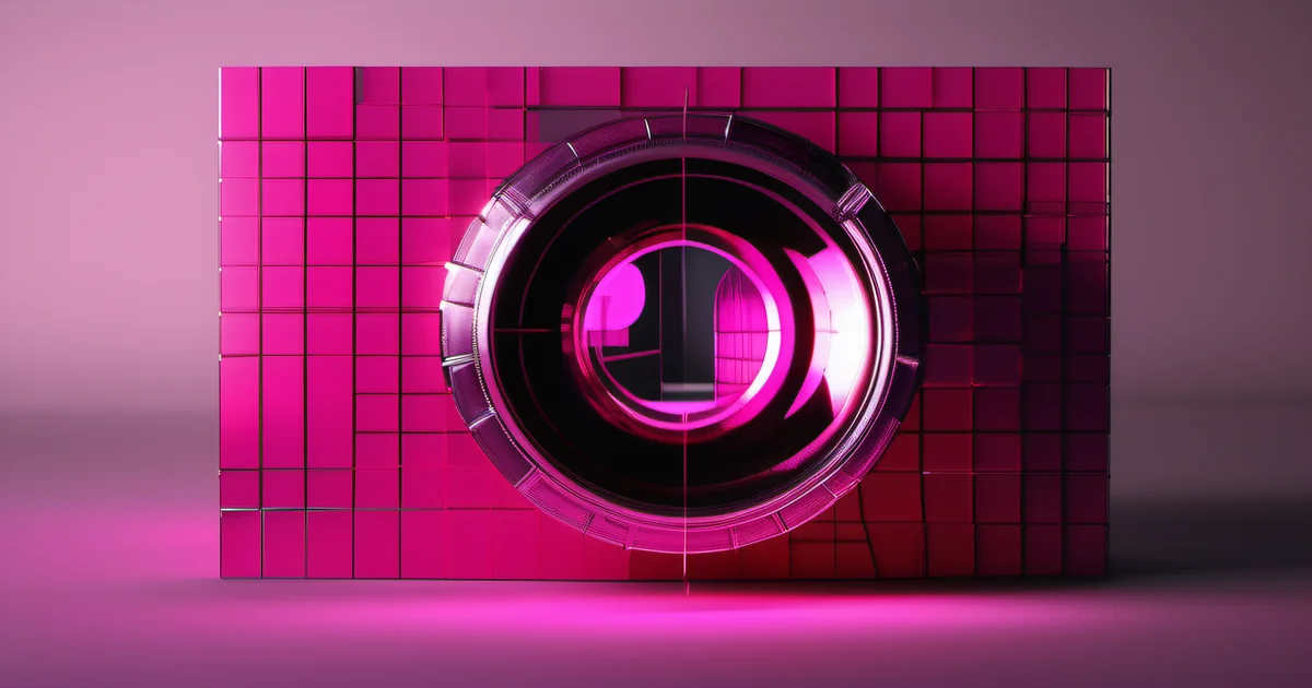 Pink tiled grid panel with a dark lens aperture at center, representing a technical SEO audit — Amelia S. Gagne, Kief Studio
