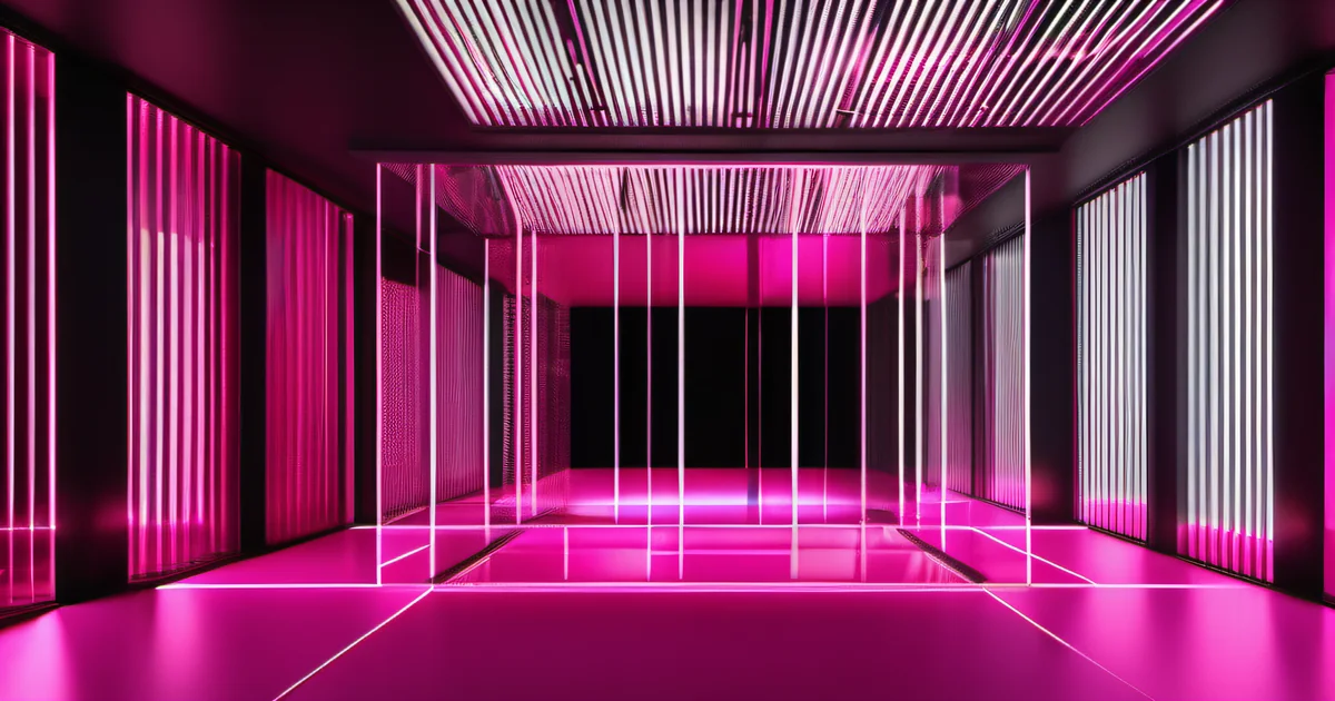 Layered pink-lit room with translucent vertical panels and grid floor — Amelia S. Gagne, Kief Studio