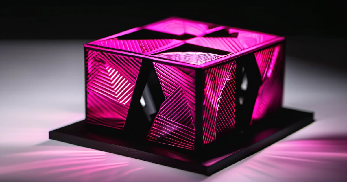 Glowing pink cube with etched chevron patterns on a dark surface — Amelia S. Gagne, Kief Studio