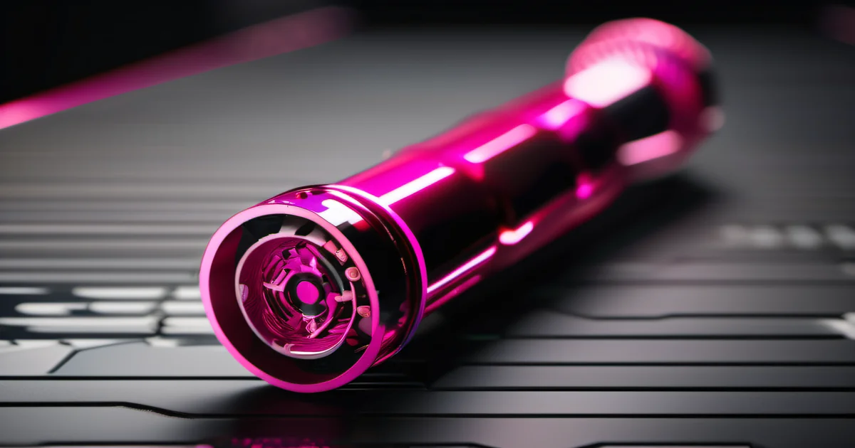 Extreme macro of mechanical letterpress type slug with hot pink magenta rim lighting — title tag and meta description optimization as character-level precision in the search result presentation layer