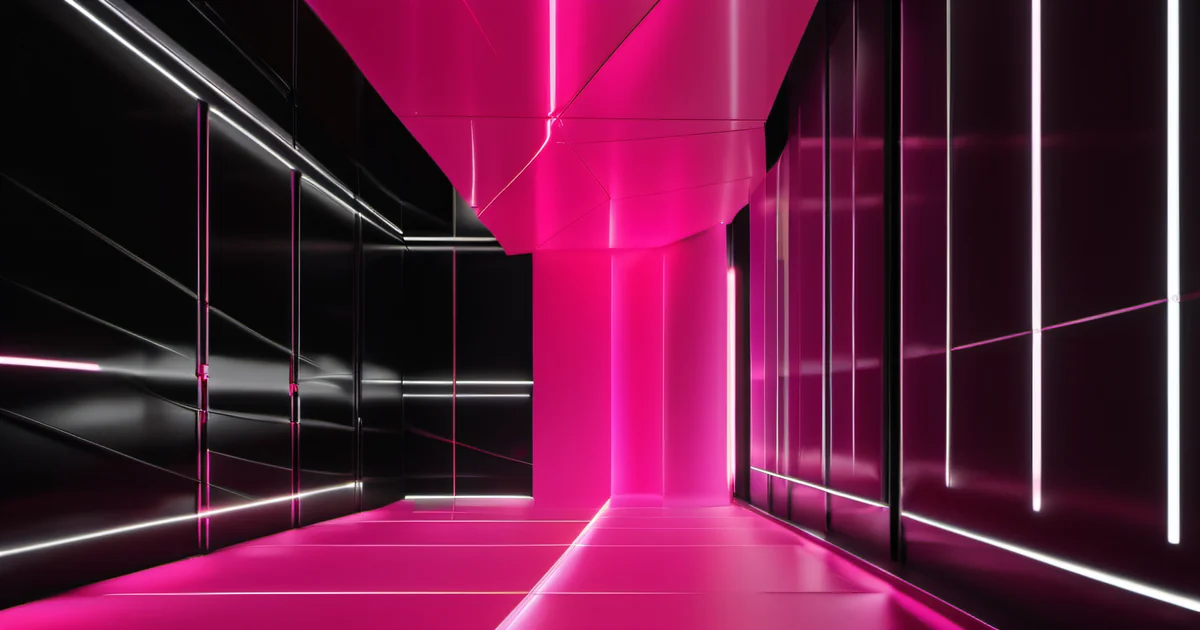 Pink-lit architectural corridor with black paneled walls and a bold structural column — Amelia S. Gagne, Kief Studio