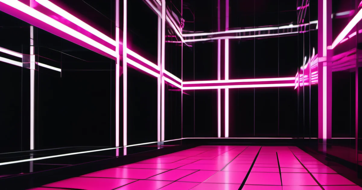 Pink neon beams intersecting across dark glass walls, evoking vendor security checkpoints — Amelia S. Gagne, Kief Studio