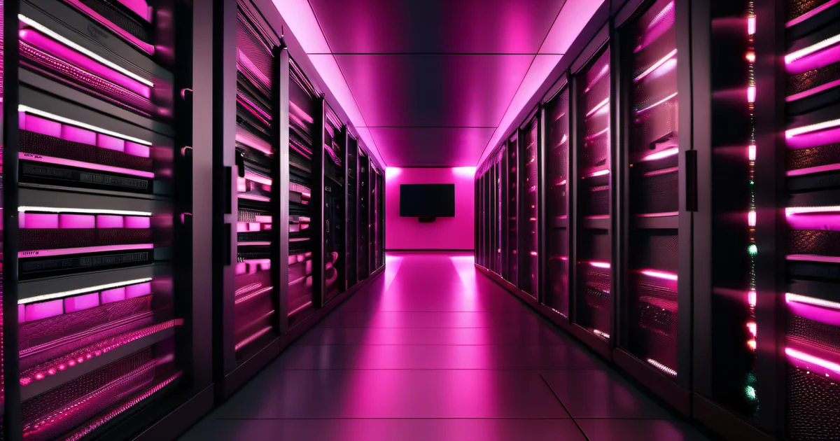 Ultra high resolution server rack with hot pink magenta LED accent lighting — vendor data handling accountability starts with understanding where data physically lives and who controls access