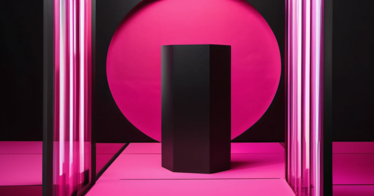Dark pedestal centered on a hot pink stage with glowing columns — Amelia S. Gagne, Kief Studio