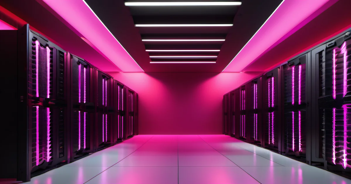 A dimly lit server room with blinking red indicator lights on a rack, cables neatly bundled — representing the quiet infrastructure where ransomware stages before detonation