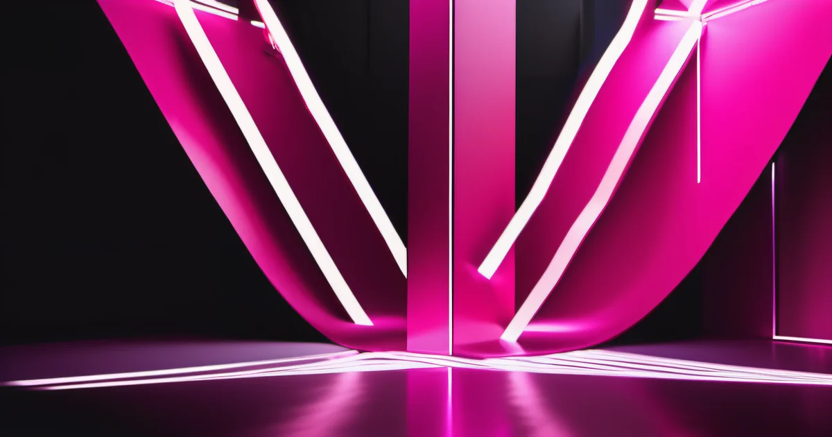 Glowing pink architectural beams converging on a dark reflective floor — Amelia S. Gagne, Kief Studio