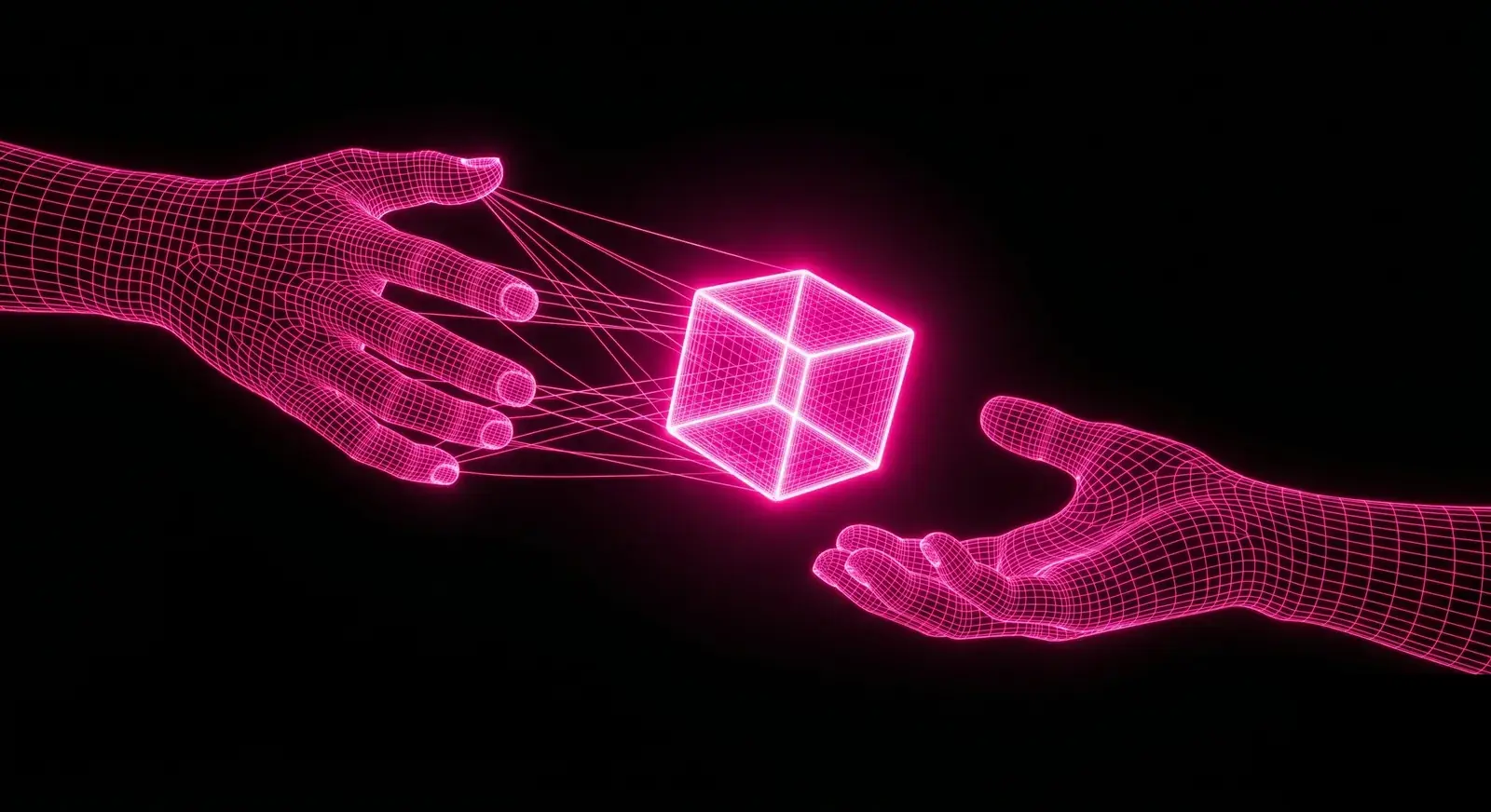 A single hot-pink key passed between two open hands against deep black, evoking the inherited trust at the center of the AUR supply chain attack