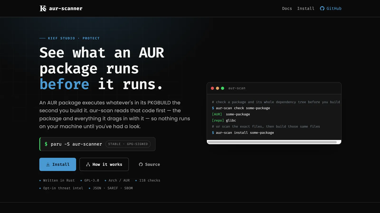Home page of the free AUR scanner, with the line see what an AUR package runs before it runs and a terminal showing aur-scan checking a package and its dependency tree