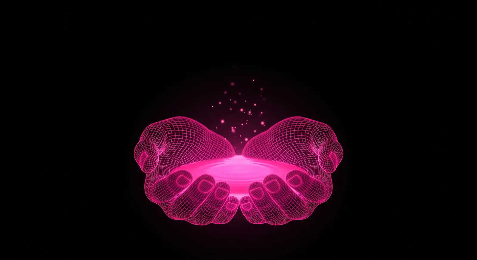 Cupped hands holding a small pool of hot-pink light against black, an image of stewardship and protecting the open-source commons