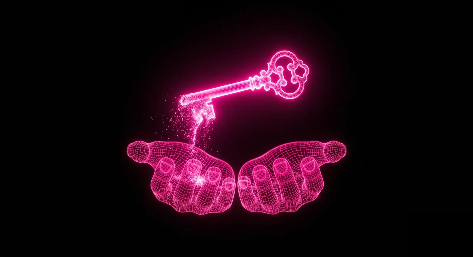 Editorial image for the AUR supply chain attack: a single hot-pink key dissolving into a pair of open hands against deep black