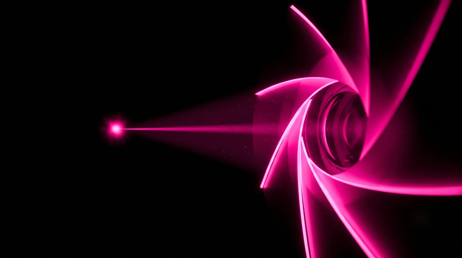 An abstract hot-pink aperture of light focused on a single glowing node, the attention and ownership good automation maintenance requires