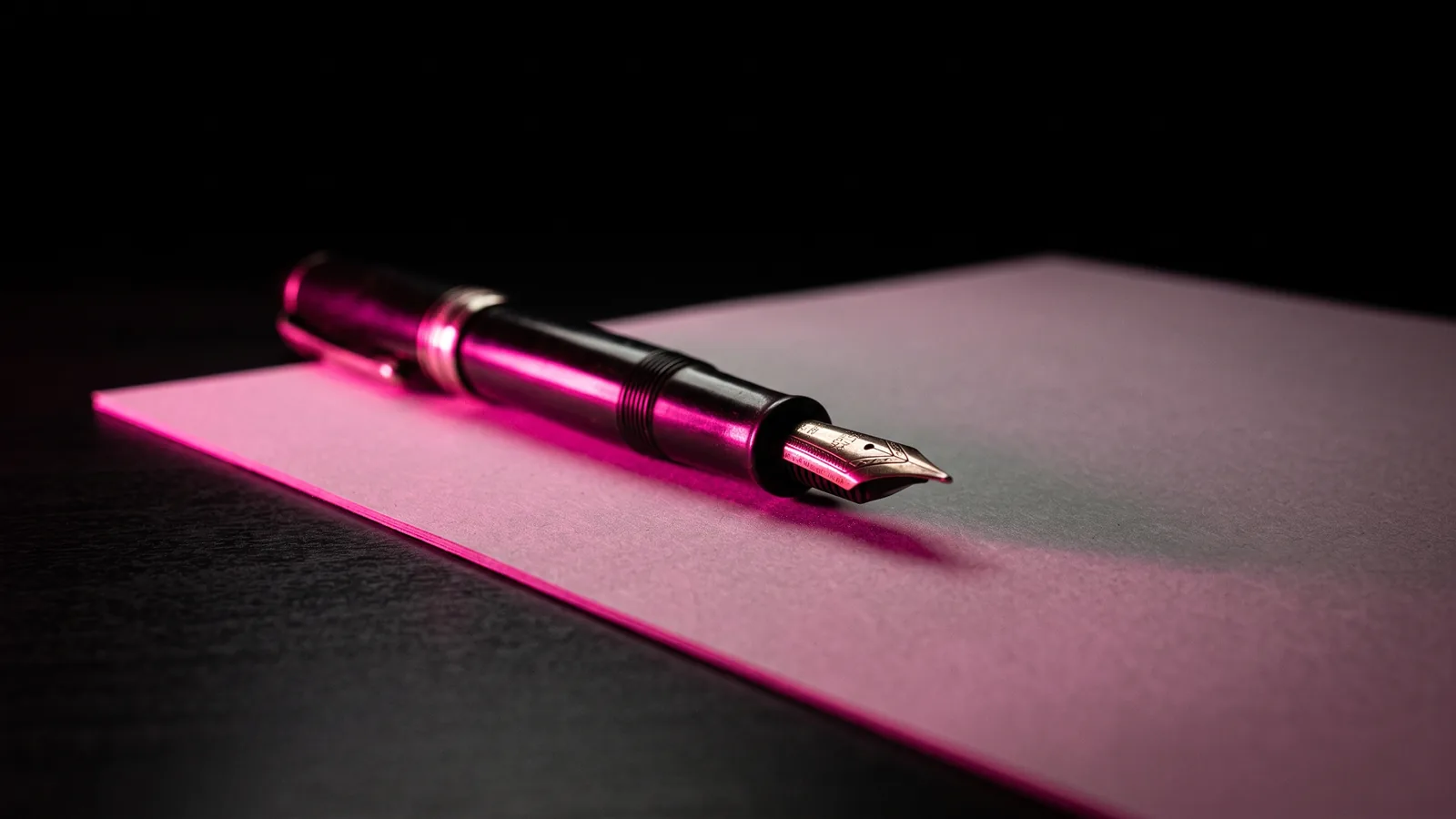 A fountain pen resting on a blank invoice sheet on a black desk, lit from one side in hot pink, the vendor invoice targeted by business email compromise