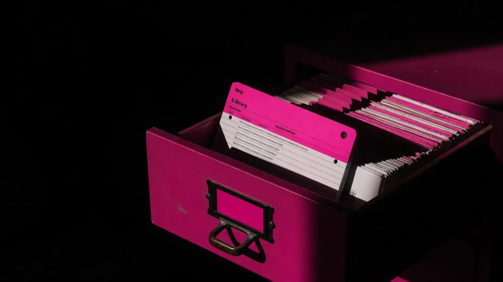 A magenta catalog drawer opening to one cited card, Bing index for Copilot citations, Amelia S. Gagne