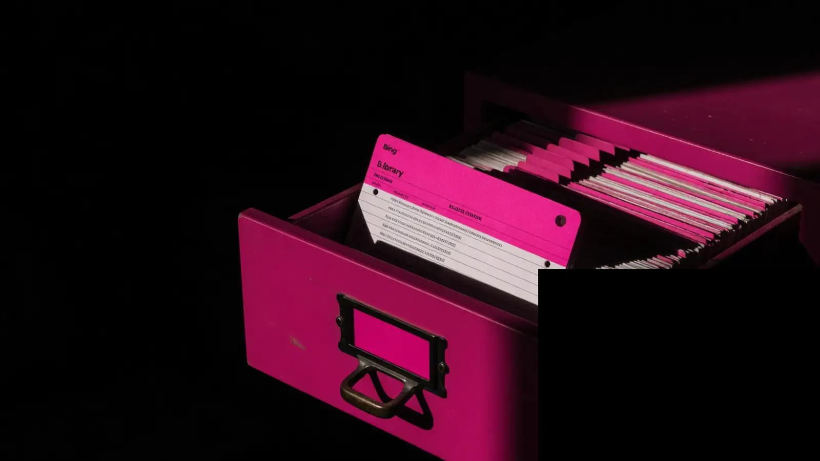 A magenta catalog drawer opening to one cited card, Bing index for Copilot citations, Amelia S. Gagne