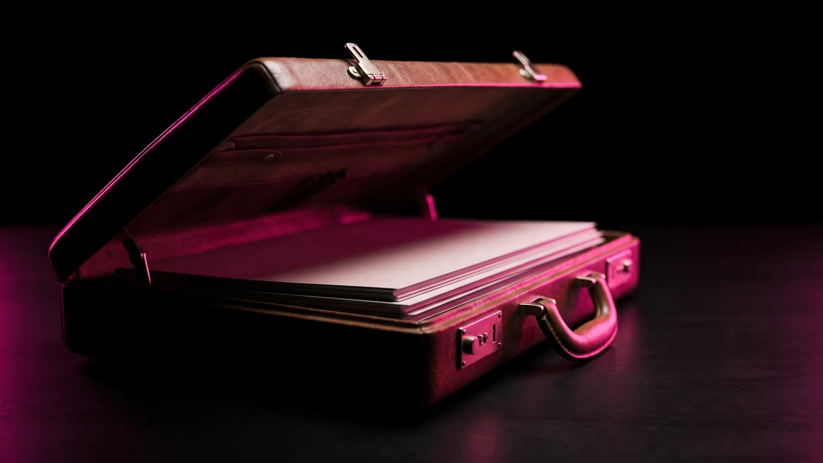 An open leather briefcase on a dark table with neat document folders inside and a hot pink rim light, preparing for breach due diligence before a sale