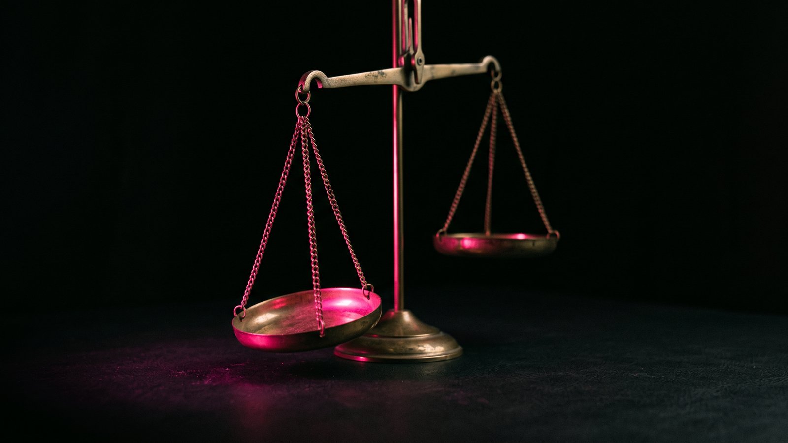 A brass balance scale on a black surface with one pan lit hot pink and tipping lower, the hidden weight that breach due diligence is meant to find