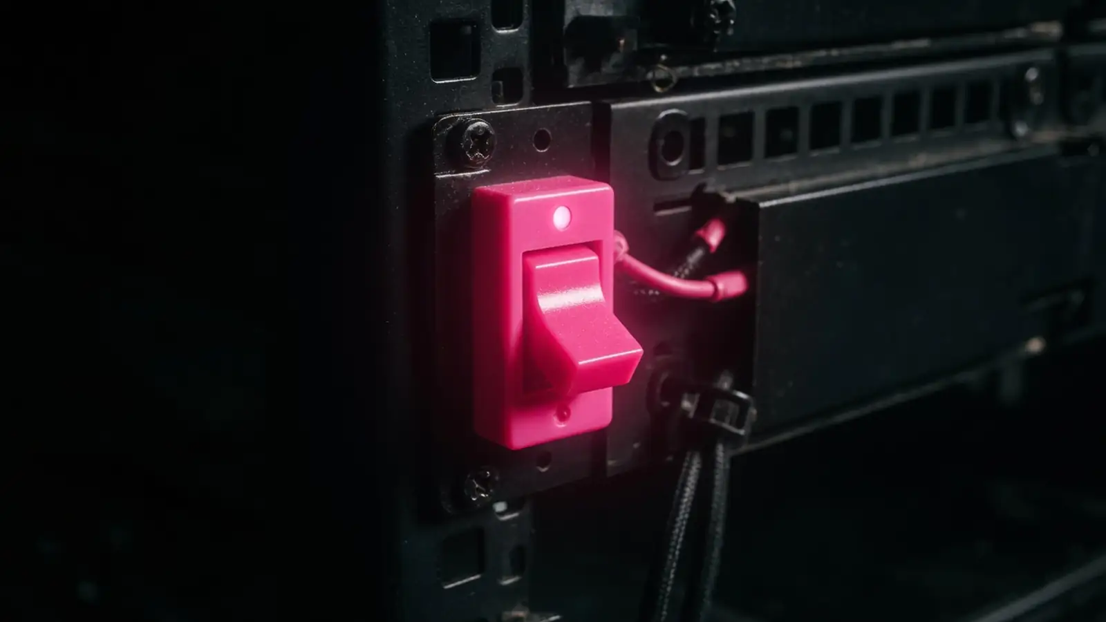 A magenta restore switch on a dark rack, business continuity architecture, Amelia S. Gagne