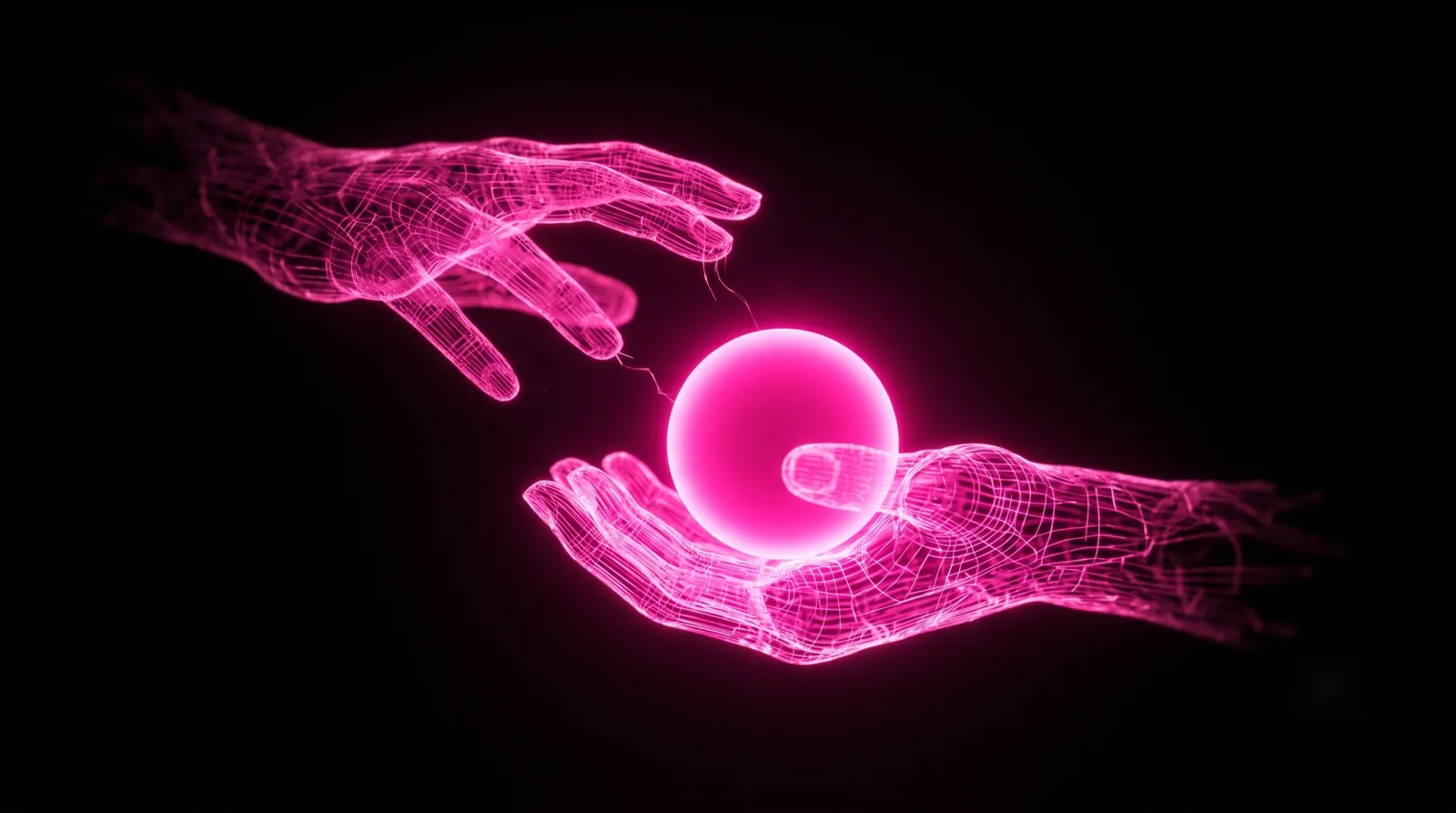 Two hands of hot-pink light, the giving hand fading as a glowing sphere settles into the receiving hand, the AI capability transfer handoff moment